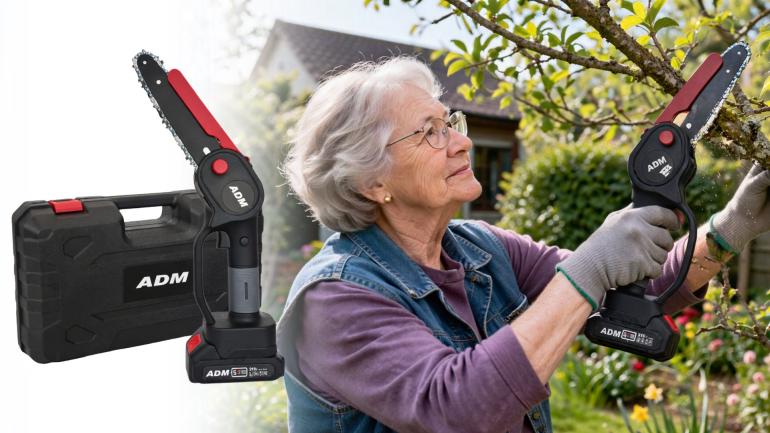 Sladdlös handmotorsåg - Kvinna använder handmotorsåg i trädgården