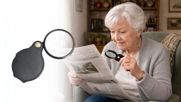 Vikbart förstoringsglas 10x - Kvinna läser tidning med förstoringsglas
